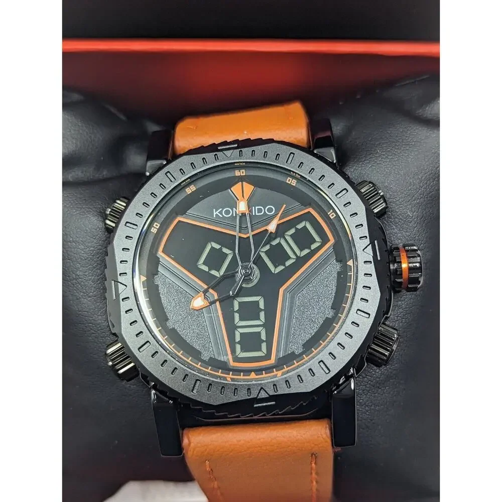 KONXIDO Mens Orange Leather Band‎ Analog Quartz Watch KO6341
